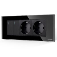 Intrerupator Dublu + 2 Prize cu Rama din Sticla LUXION, Standard Italian, 6M culoare neagra