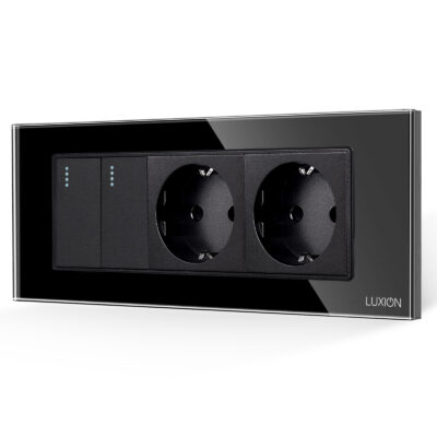 Intrerupator Dublu + 2 Prize cu Rama din Sticla LUXION, Standard Italian, 6M culoare neagra