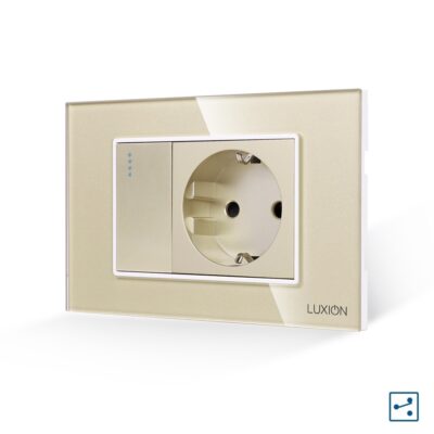 Intrerupator Simplu Cap Scara + Priza cu Rama din Sticla LUXION, Standard Italian, 3M culoare aurie