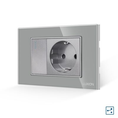 Intrerupator Simplu Cap Scara + Priza cu Rama din Sticla LUXION, Standard Italian, 3M culoare gri