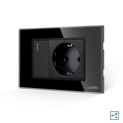 Intrerupator Simplu Cap Scara + Priza cu Rama din Sticla LUXION, Standard Italian, 3M culoare neagra