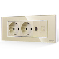Priza Dubla Schuko + TV + Internet cu Rama din Sticla LUXION, Standard Italian, 6M culoare aurie