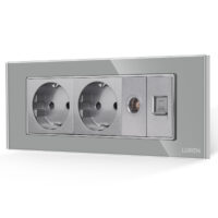 Priza Dubla Schuko + TV + Internet cu Rama din Sticla LUXION, Standard Italian, 6M culoare gri