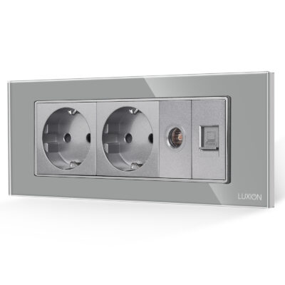 Priza Dubla Schuko + TV + Internet cu Rama din Sticla LUXION, Standard Italian, 6M culoare gri