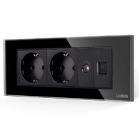 Priza Dubla Schuko + TV + Internet cu Rama din Sticla LUXION, Standard Italian, 6M culoare neagra