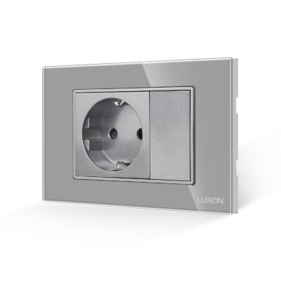 Priza Simpla si 1 Tasta Falsa cu Rama din Sticla LUXION, Standard Italian, 3M culoare gri