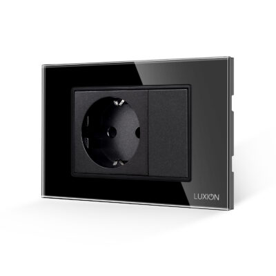 Priza Simpla si 1 Tasta Falsa cu Rama din Sticla LUXION, Standard Italian, 3M culoare neagra