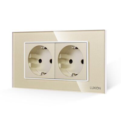 Priza Dubla cu Rama din Sticla LUXION, Standard Italian, 4M culoare aurie
