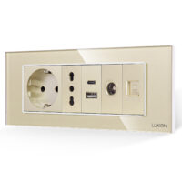 Priza Schuko + Ingusta + Dubla USB + TV + Internet cu Rama Din Sticla LUXION, Standard Italian, 6M culoare aurie