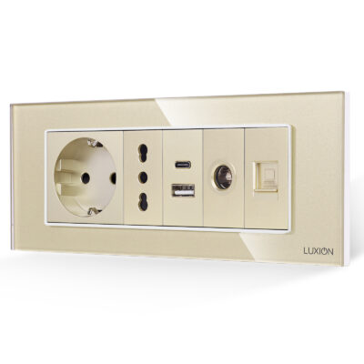 Priza Schuko + Ingusta + Dubla USB + TV + Internet cu Rama Din Sticla LUXION, Standard Italian, 6M culoare aurie
