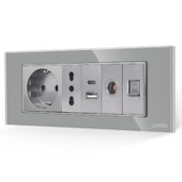 Priza Schuko + Ingusta + Dubla USB + TV + Internet cu Rama Din Sticla LUXION, Standard Italian, 6M culoare gri