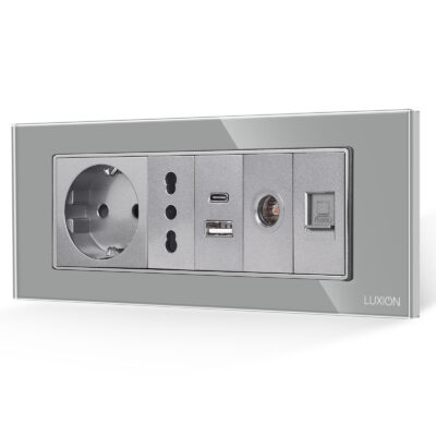 Priza Schuko + Ingusta + Dubla USB + TV + Internet cu Rama Din Sticla LUXION, Standard Italian, 6M culoare gri