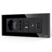 Priza Schuko + Ingusta + Dubla USB + TV + Internet cu Rama Din Sticla LUXION, Standard Italian, 6M culoare neagra