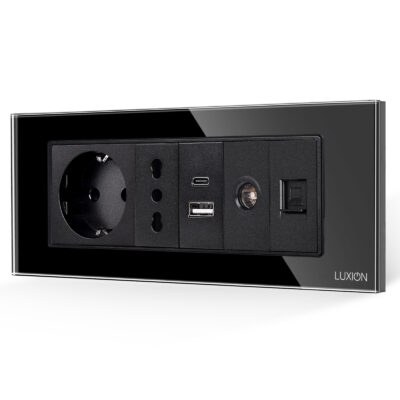Priza Schuko + Ingusta + Dubla USB + TV + Internet cu Rama Din Sticla LUXION, Standard Italian, 6M culoare neagra