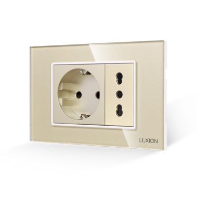 Priza Schuko + Universala Italiana cu Rama din Sticla LUXION, Standard Italian, 3M culoare aurie