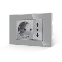 Priza Schuko + Universala Italiana cu Rama din Sticla LUXION, Standard Italian, 3M culoare gri