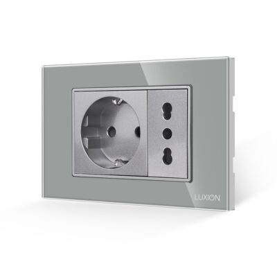 Priza Schuko + Universala Italiana cu Rama din Sticla LUXION, Standard Italian, 3M culoare gri
