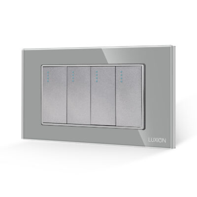 Intrerupator Cvadruplu Mecanic LUXION cu Rama din Sticla, Standard Italian, 4M culoare gri