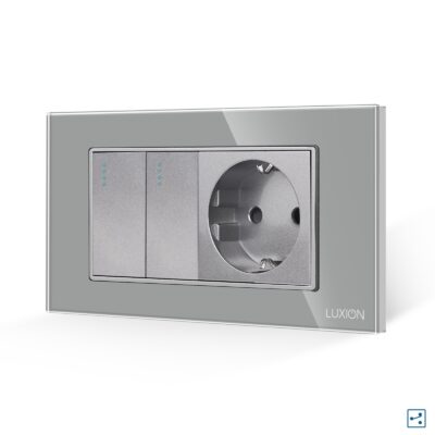 Intrerupator Dublu Cap Scara + Priza cu Rama din Sticla LUXION, Standard Italian, 4M culoare gri
