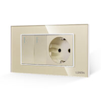 Intrerupator Dublu + Priza cu Rama din Sticla LUXION, Standard Italian, 4M culoare aurie