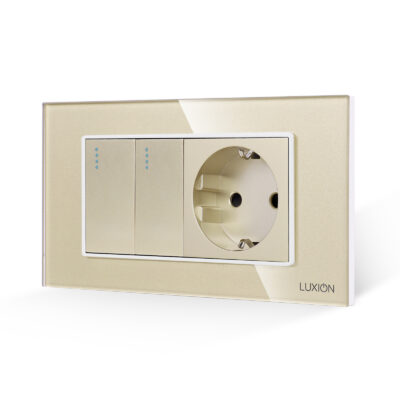 Intrerupator Dublu + Priza cu Rama din Sticla LUXION, Standard Italian, 4M culoare aurie