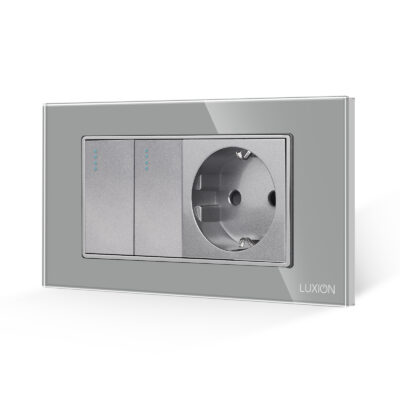 Intrerupator Dublu + Priza cu Rama din Sticla LUXION, Standard Italian, 4M culoare gri