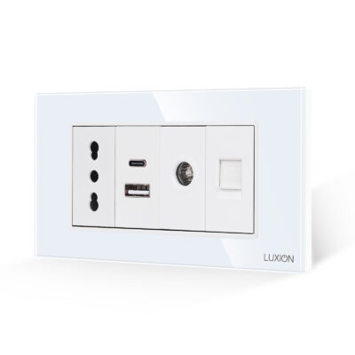 Priza Ingusta + Dubla USB + TV + Internet cu Rama Din Sticla LUXION, Standard Italian, 4M