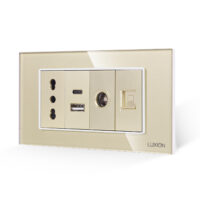 Priza Ingusta + Dubla USB + TV + Internet cu Rama Din Sticla LUXION, Standard Italian, 4M culoare aurie