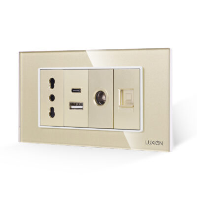 Priza Ingusta + Dubla USB + TV + Internet cu Rama Din Sticla LUXION, Standard Italian, 4M culoare aurie