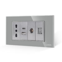 Priza Ingusta + Dubla USB + TV + Internet cu Rama Din Sticla LUXION, Standard Italian, 4M culoare gri