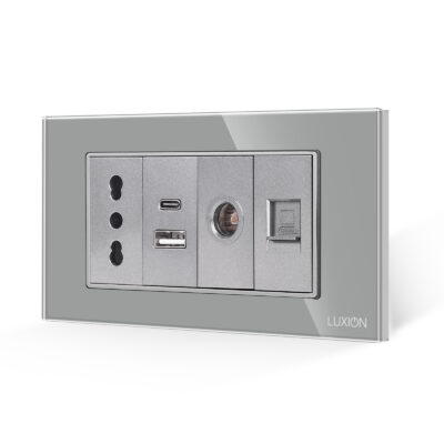 Priza Ingusta + Dubla USB + TV + Internet cu Rama Din Sticla LUXION, Standard Italian, 4M culoare gri