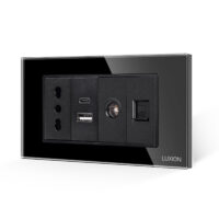 Priza Ingusta + Dubla USB + TV + Internet cu Rama Din Sticla LUXION, Standard Italian, 4M culoare neagra