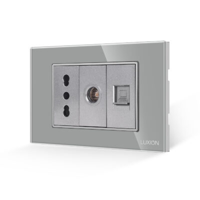 Priza Ingusta + TV + Internet cu Rama din Sticla LUXION, Standard Italian, 3M culoare gri