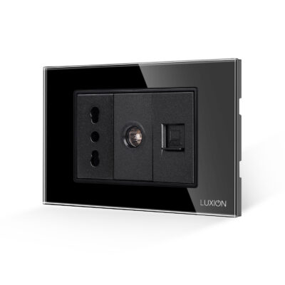 Priza Ingusta + TV + Internet cu Rama din Sticla LUXION, Standard Italian, 3M culoare neagra