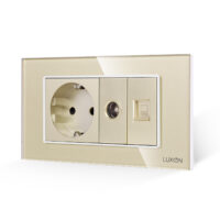 Priza Schuko + TV + Internet cu Rama Din Sticla LUXION, Standard Italian, 4M culoare aurie