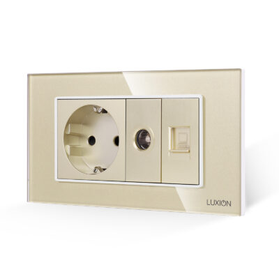 Priza Schuko + TV + Internet cu Rama Din Sticla LUXION, Standard Italian, 4M culoare aurie