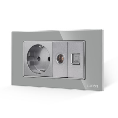 Priza Schuko + TV + Internet cu Rama Din Sticla LUXION, Standard Italian, 4M culoare gri