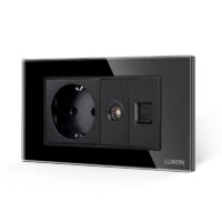 Priza Schuko + TV + Internet cu Rama Din Sticla LUXION, Standard Italian, 4M culoare neagra