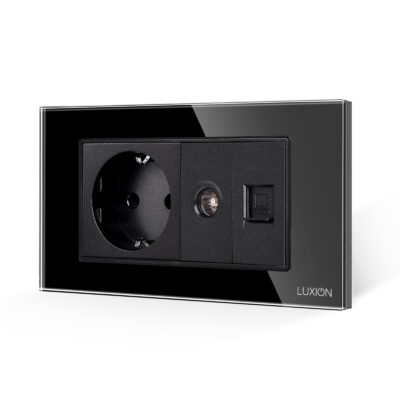 Priza Schuko + TV + Internet cu Rama Din Sticla LUXION, Standard Italian, 4M culoare neagra