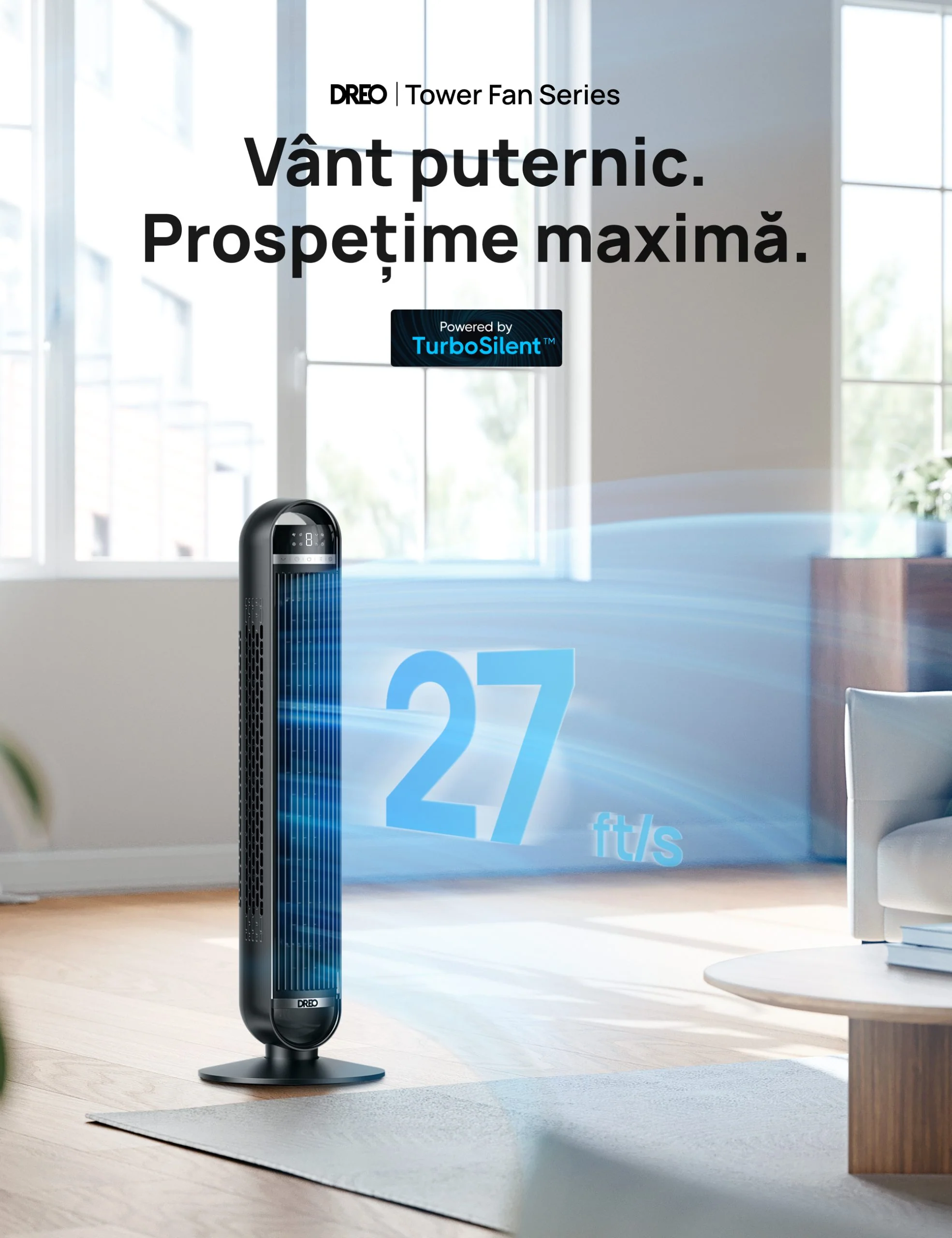 Ventilator Turn DREO Nomad DR-HTF014, Oscilatie 90°, 4 Moduri de Functionare, 8 Viteze, Display Digital, Telecomanda, Negru