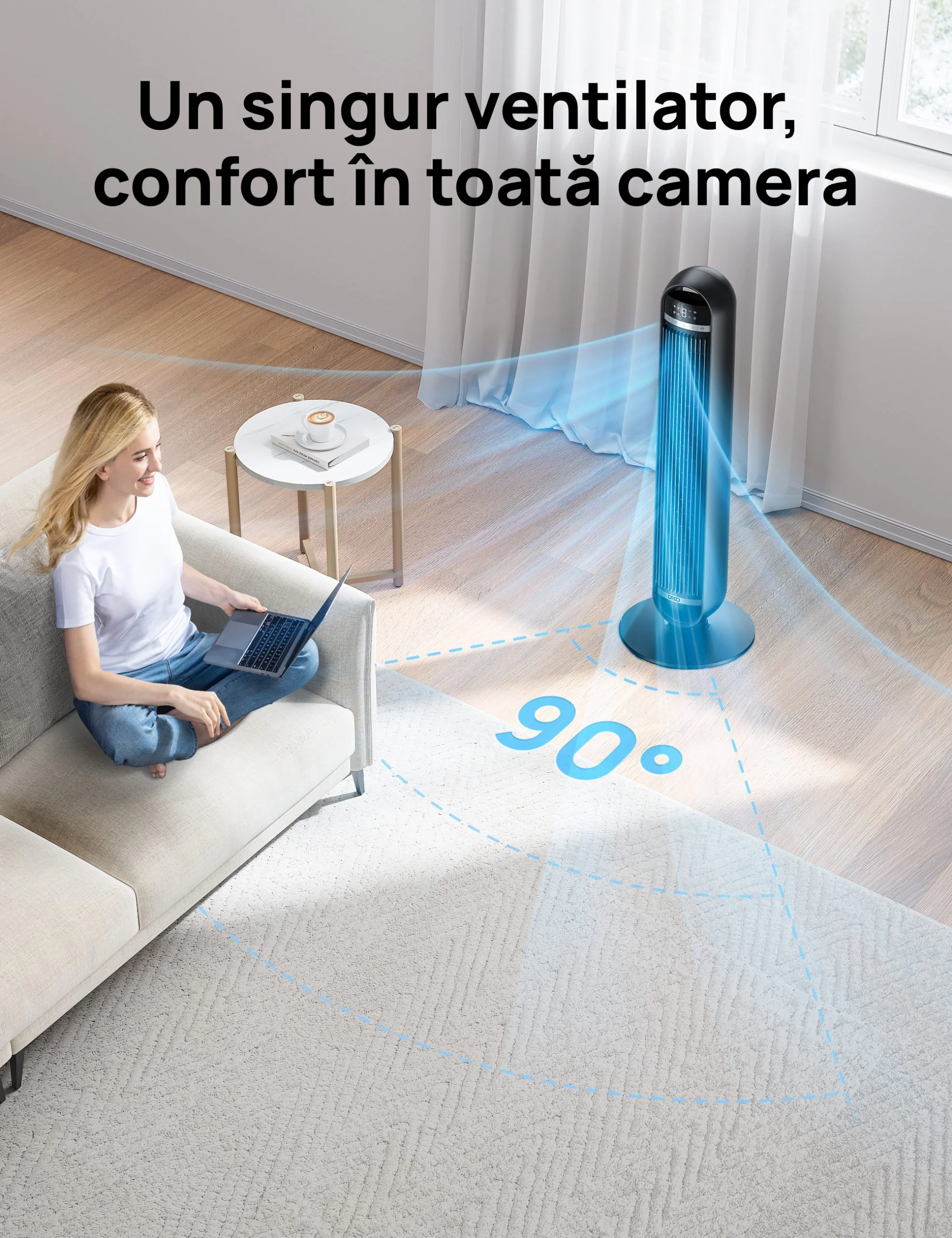 Ventilator Turn DREO Nomad DR-HTF014, Oscilatie 90°, 4 Moduri de Functionare, 8 Viteze, Display Digital, Telecomanda, Negru