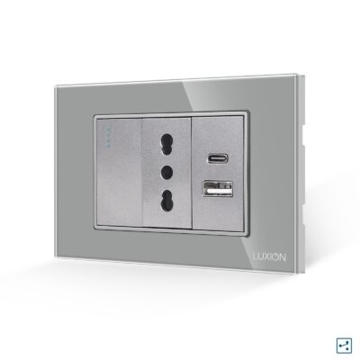 Intrerupator Simplu Cap Scara + Priza Ingusta si USB A+C cu Rama din Sticla LUXION, Standard Italian, 3M culoare gri
