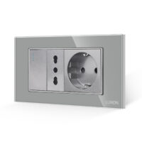 Intrerupator Simplu + Priza Ingusta + Priza Schuko cu Rama din Sticla LUXION, Standard Italian, 4M culoare gri