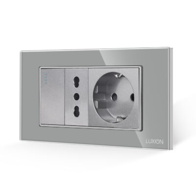 Intrerupator Simplu + Priza Ingusta + Priza Schuko cu Rama din Sticla LUXION, Standard Italian, 4M culoare gri