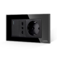 Intrerupator Simplu + Priza Ingusta + Priza Schuko cu Rama din Sticla LUXION, Standard Italian, 4M culoare neagra
