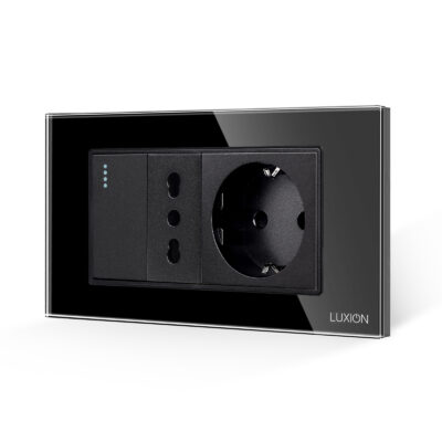 Intrerupator Simplu + Priza Ingusta + Priza Schuko cu Rama din Sticla LUXION, Standard Italian, 4M culoare neagra