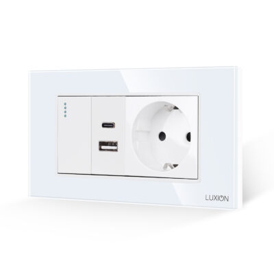 Intrerupator Simplu + Priza USB A+C + Priza Schuko cu Rama din Sticla LUXION, Standard Italian, 4M