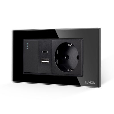 Intrerupator Simplu + Priza USB A+C + Priza Schuko cu Rama din Sticla LUXION, Standard Italian, 4M culoare neagra