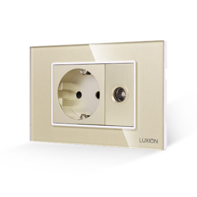 Priza Schuko + Priza TV cu Rama din Sticla LUXION, Standard Italian, 3M culoare aurie