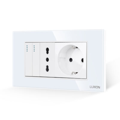 Intrerupator Dublu + Priza Ingusta + Priza Schuko cu Rama din Sticla LUXION, Standard Italian, 4M